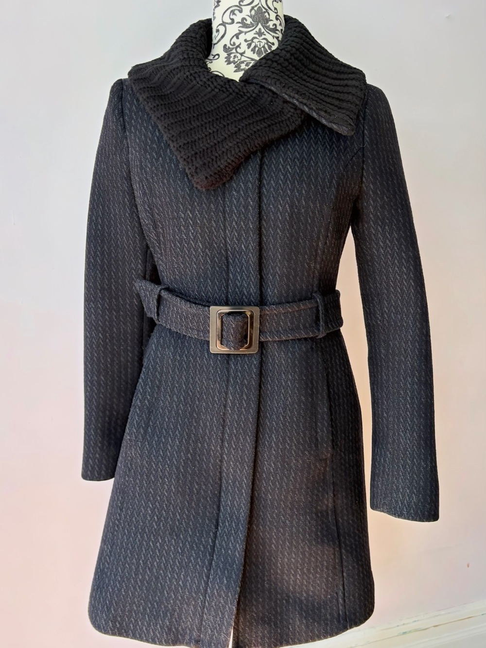 Soia & Kyo Blue/Black Wool-Blend Belted Coat with Ribbed Cowl Collar Size Small
